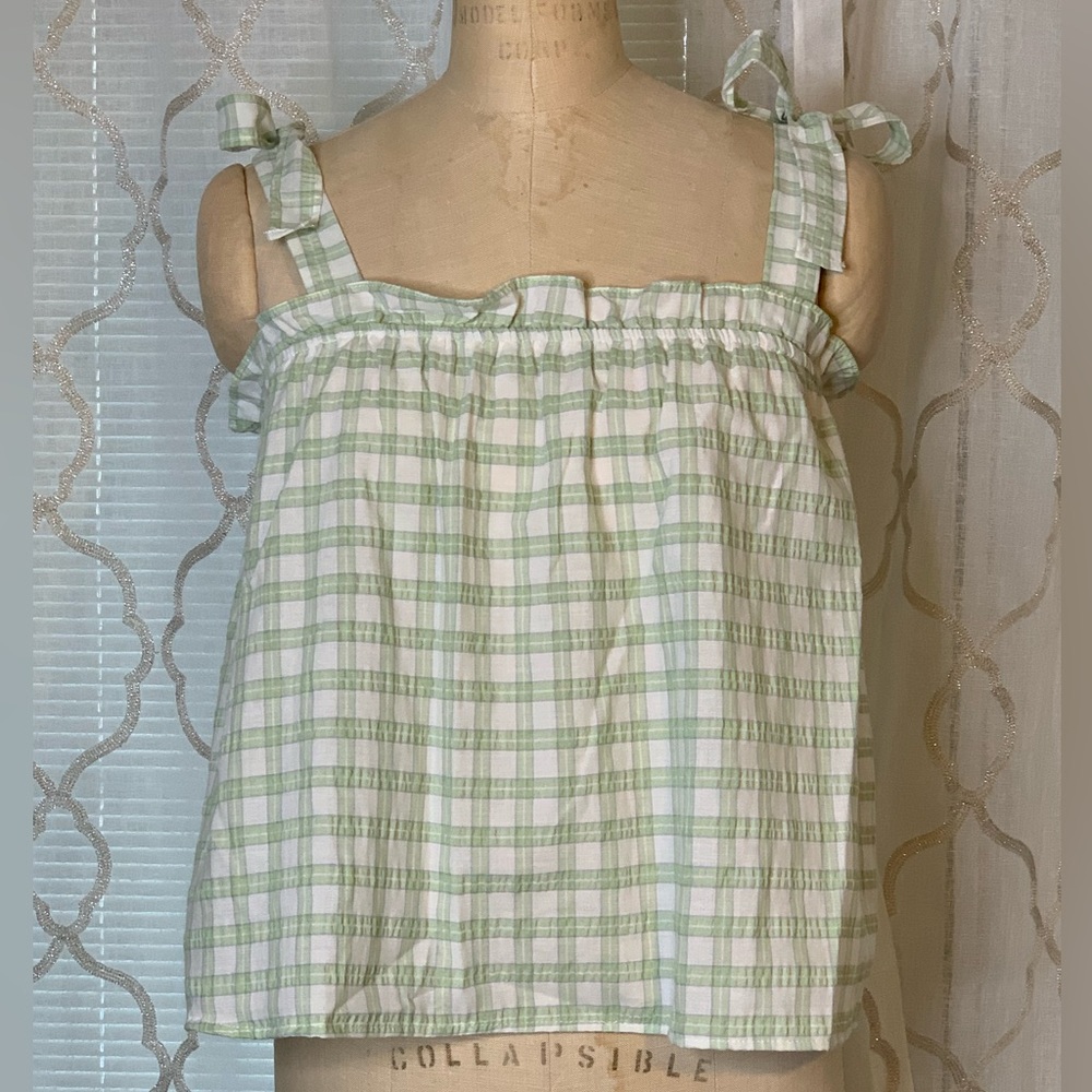 NWT Mine Green Check Ruffle Bow Tank Top sz Medium